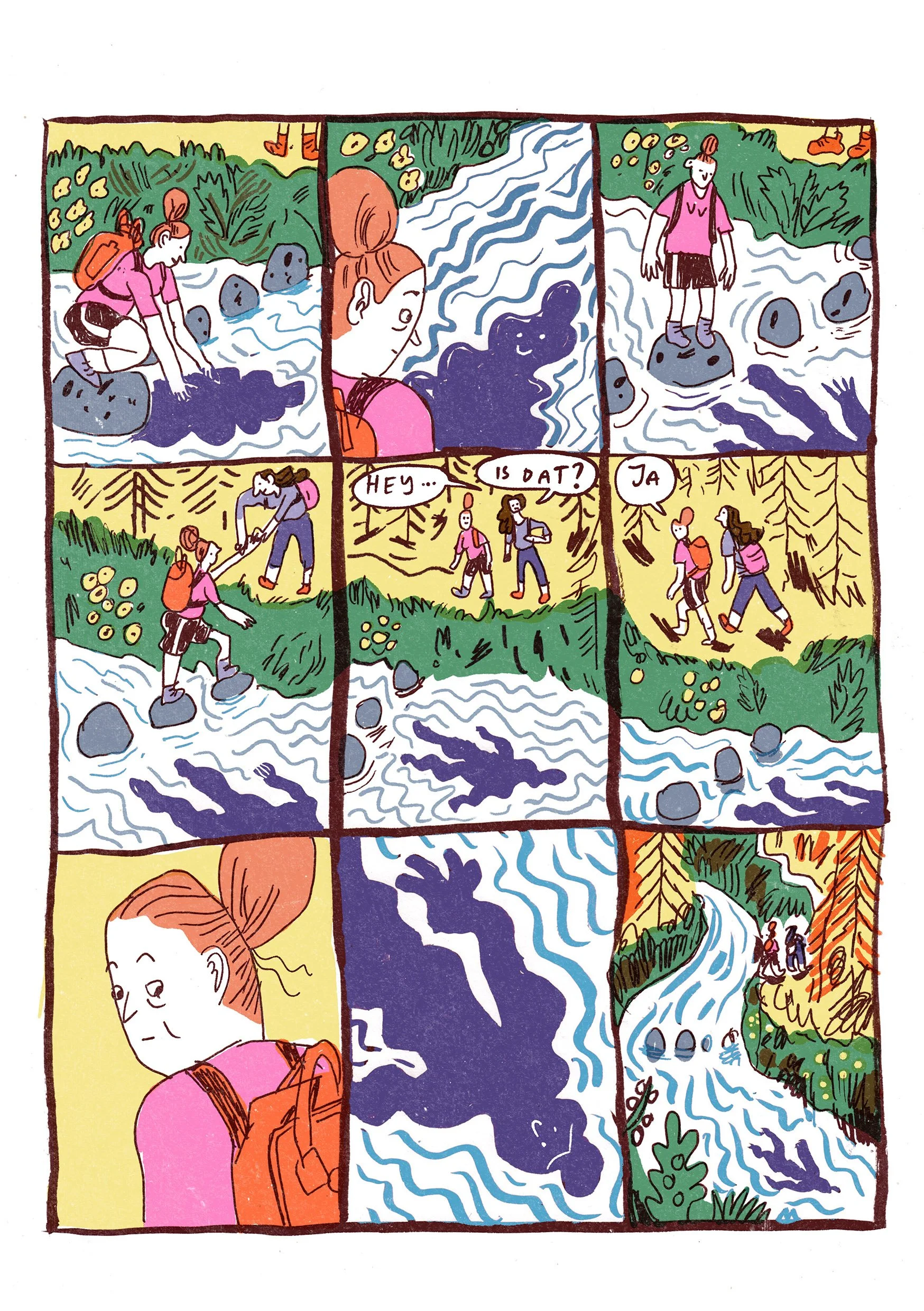 A girl crossing a river on rocks and being told 'Hey... is that?' by friends, with a river, trees, and hills in the background.