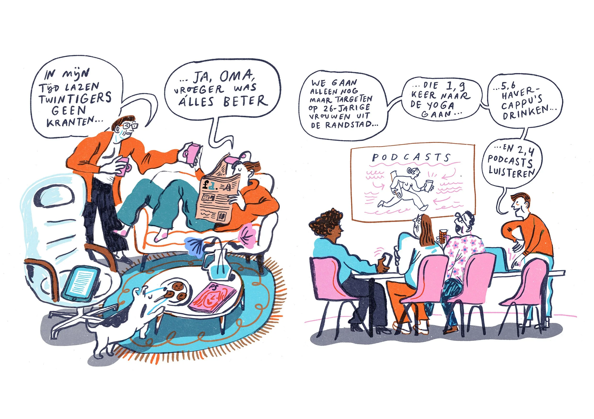 A colorful illustration of people communicating and engaging in activities. Two women are sitting on a couch, one reading a newspaper, the other holding a phone. A dog is lying on the floor near the couch. A group of people are seated at a table, talking and listening, with a screen displaying a podcast. Speech bubbles contain text in Dutch, discussing topics like twins, age, podcasts, and drinks.