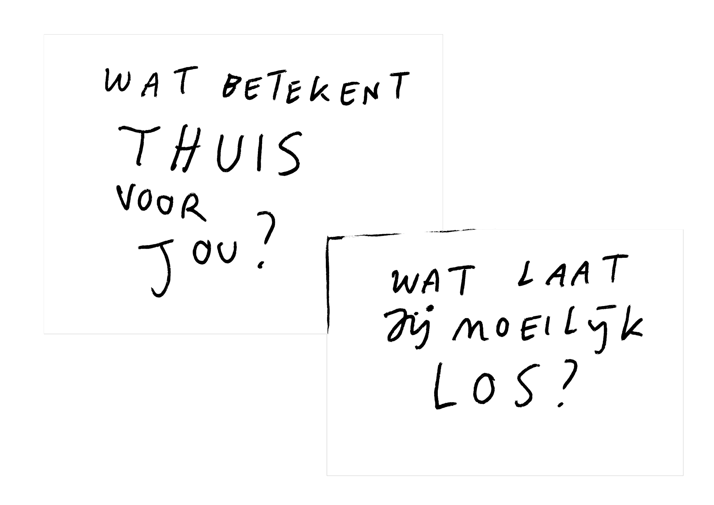 Two handwritten notes, one in French asking 'Wat detectent thiis voor jou?' and the other asking 'Wat laat jij moelijkk los?'