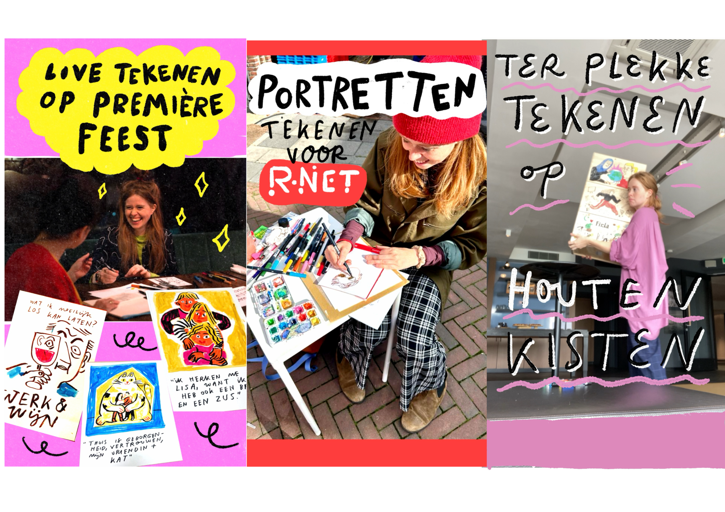 A collage of three images depicting people participating in art and drawing activities. The first image shows a woman smiling at a table with colorful drawings and Dutch text. The second image features a woman sitting outdoors, drawing with various art supplies on a small table, with Dutch text overlay. The third image shows a woman in a pink outfit holding a large illustrated book, with Dutch text art overlayed.
