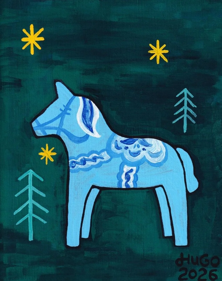 A blue and white decorative horse illustration with floral and cloud-like patterns, surrounded by yellow and teal star and tree shapes, signed 'Hugo 2026' in the bottom right corner.