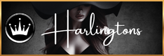 Harlequin doll with black dress and black hat, logo with crown, and text 'Harlingtons'