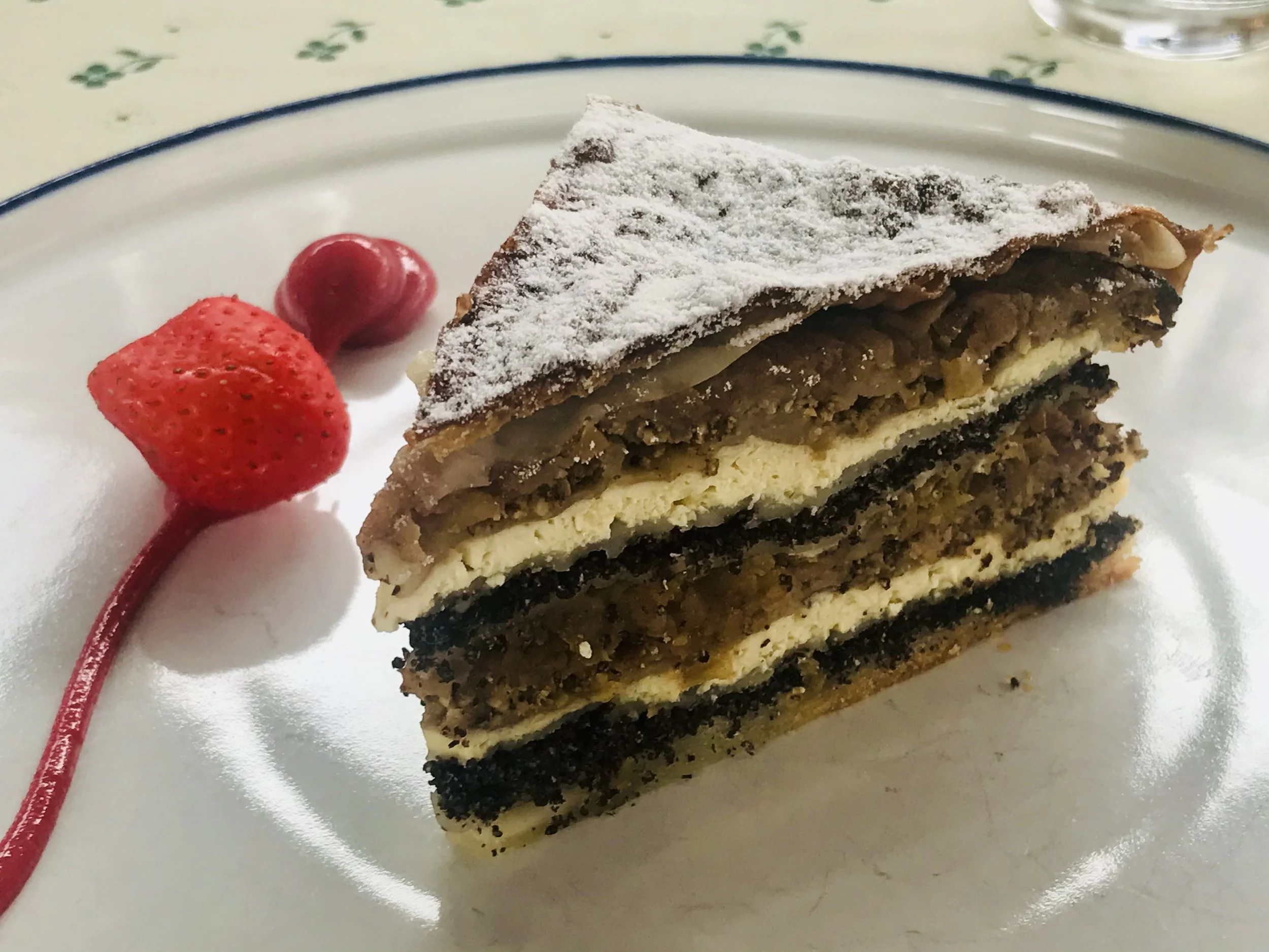 A slice of layered dessert with multiple layers including a dark chocolate layer at the bottom, a lighter layer with chopped nuts or grains, a custard or cream layer, topped with powdered sugar, served on a white decorative plate with strawberries and a cherry.