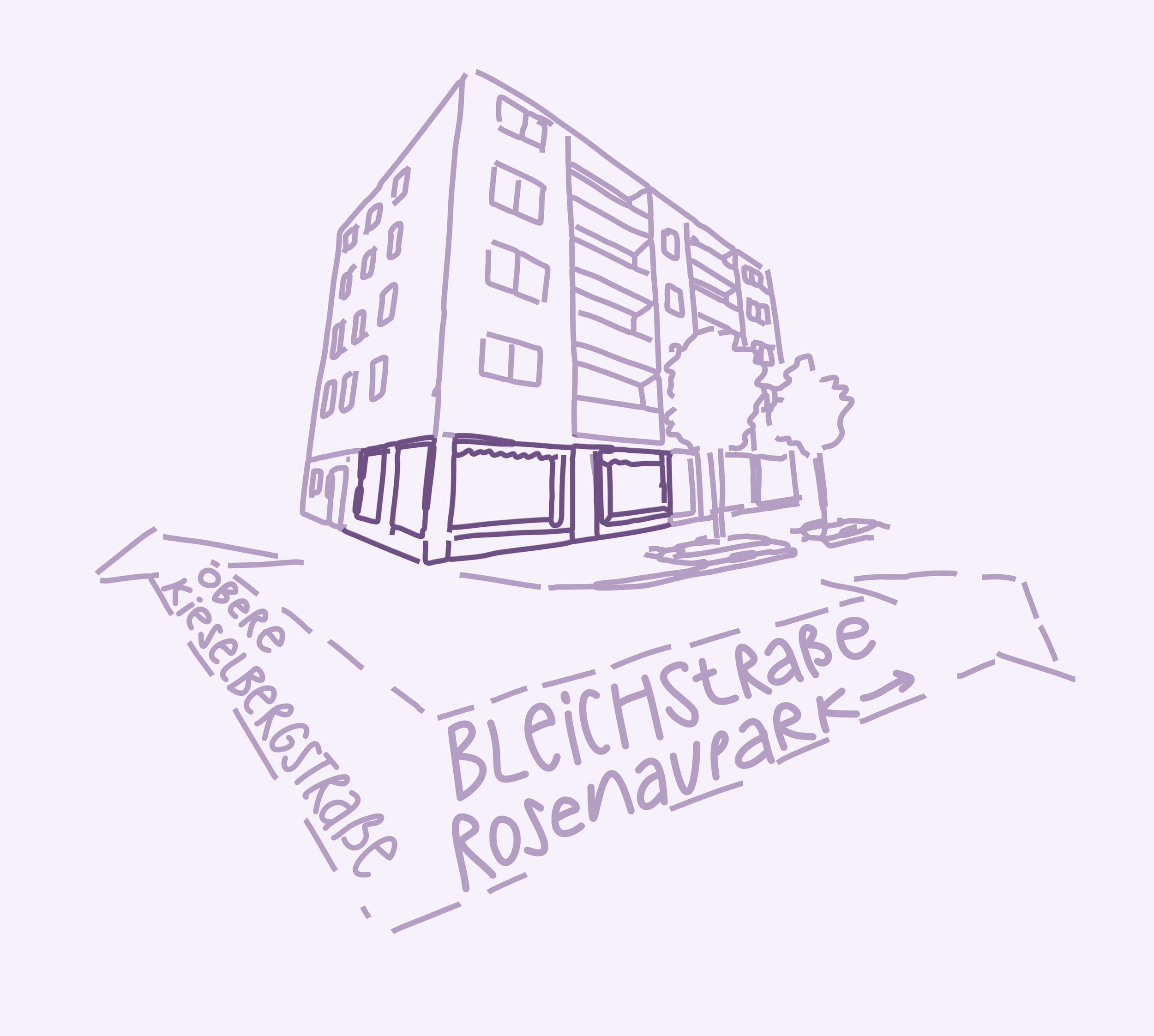 Skizzierte Ansicht eines Mehrfamilienhauses auf einem Straßeneck mit Straßennamen Bleichstraße und Rosenaupark. Das Gebäude hat mehrere Stockwerke und zwei Bäume davor. Unten in diesem Haus befindet sich das Studio "Lotta & Lena"