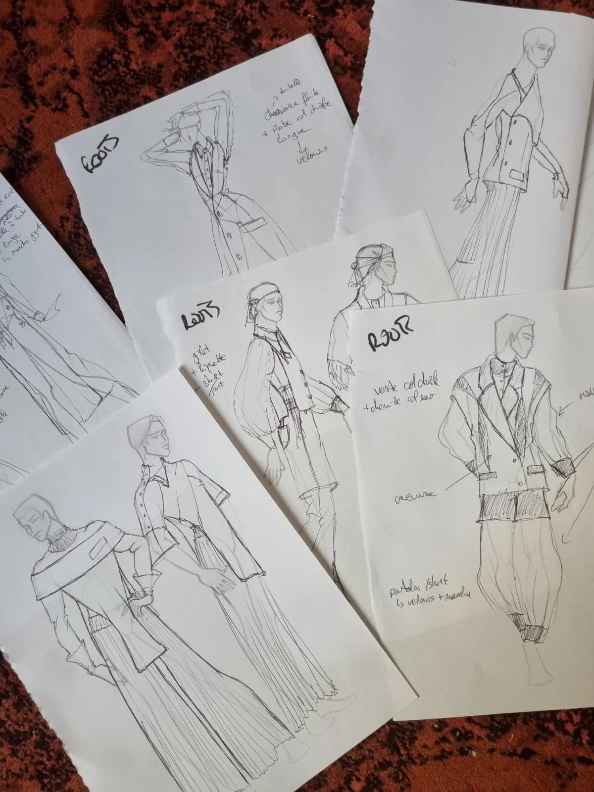 Esquisses de dessins de mode de différentes silhouettes de femmes, avec annotations en français décrivant les vêtements, telles que veste chaude, pantalon en velours, et détails de style.