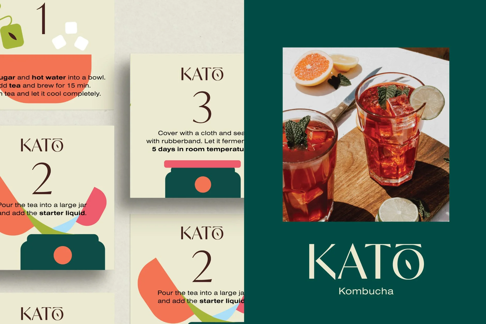 Cover of a KATO Kombucha product box featuring a photo of two glasses of red-colored kombucha with ice, lemon, and mint, placed on a wooden surface, with sliced lemon and orange in the background.