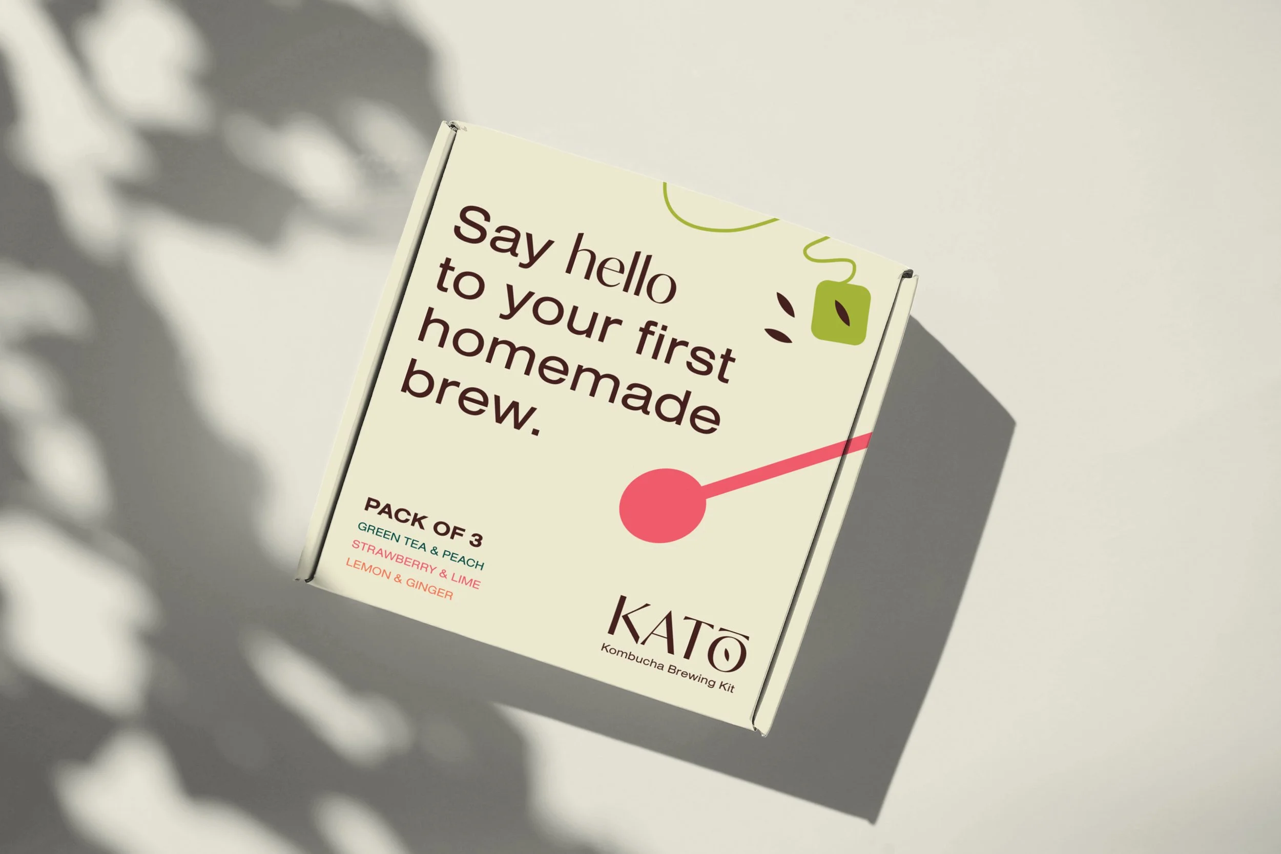 Box of KATO Kombucha Brewing Kit with the text 'Say hello to your first homemade brew,' and a graphic of a green tea leaf and a pink fermentation vessel.
