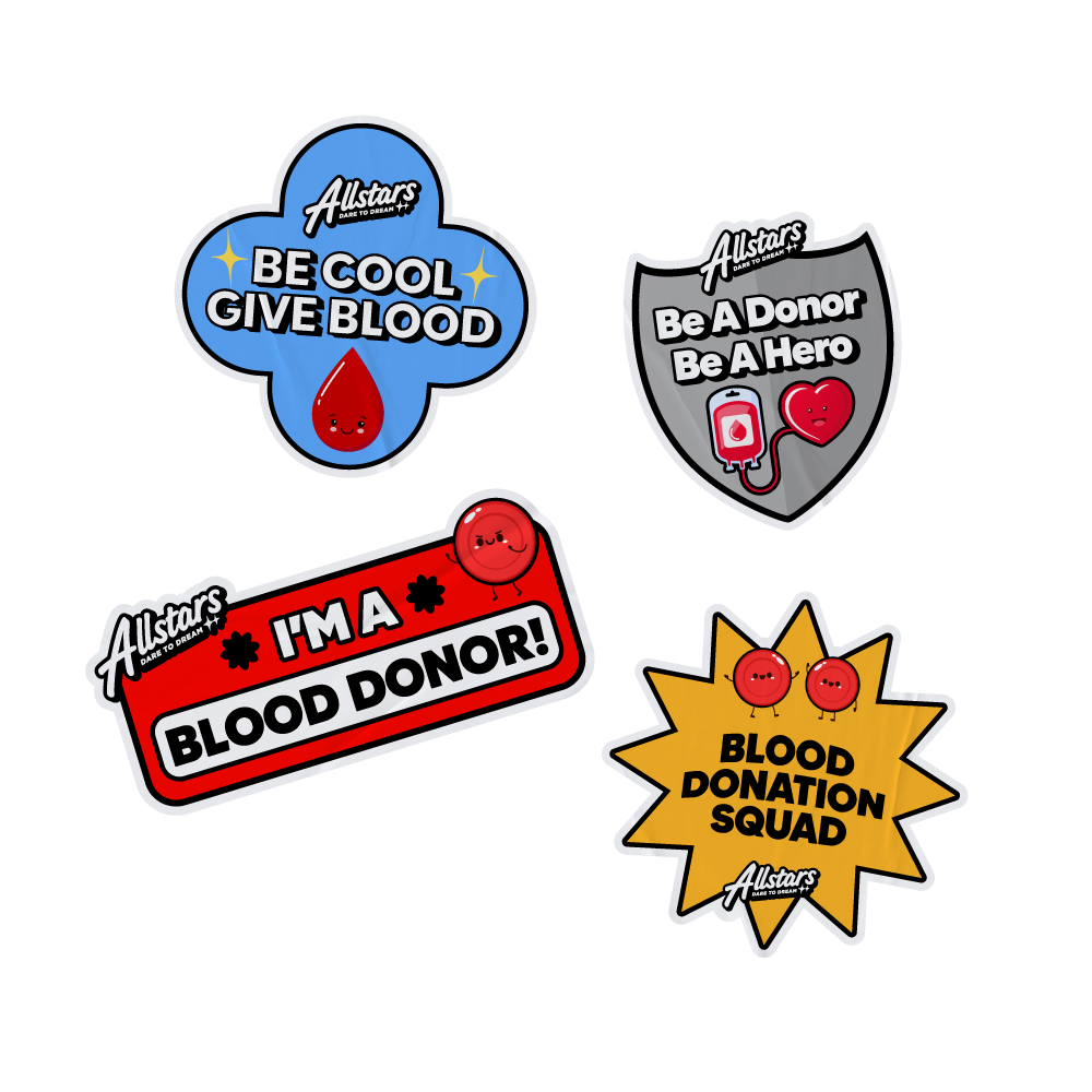 Collection of colorful stickers promoting blood donation, including phrases 'Be Cool Give Blood', 'Be a Donor Be a Hero', 'I'm a Blood Donor!', and 'Blood Donation Squad' with cute blood drop and heart characters.