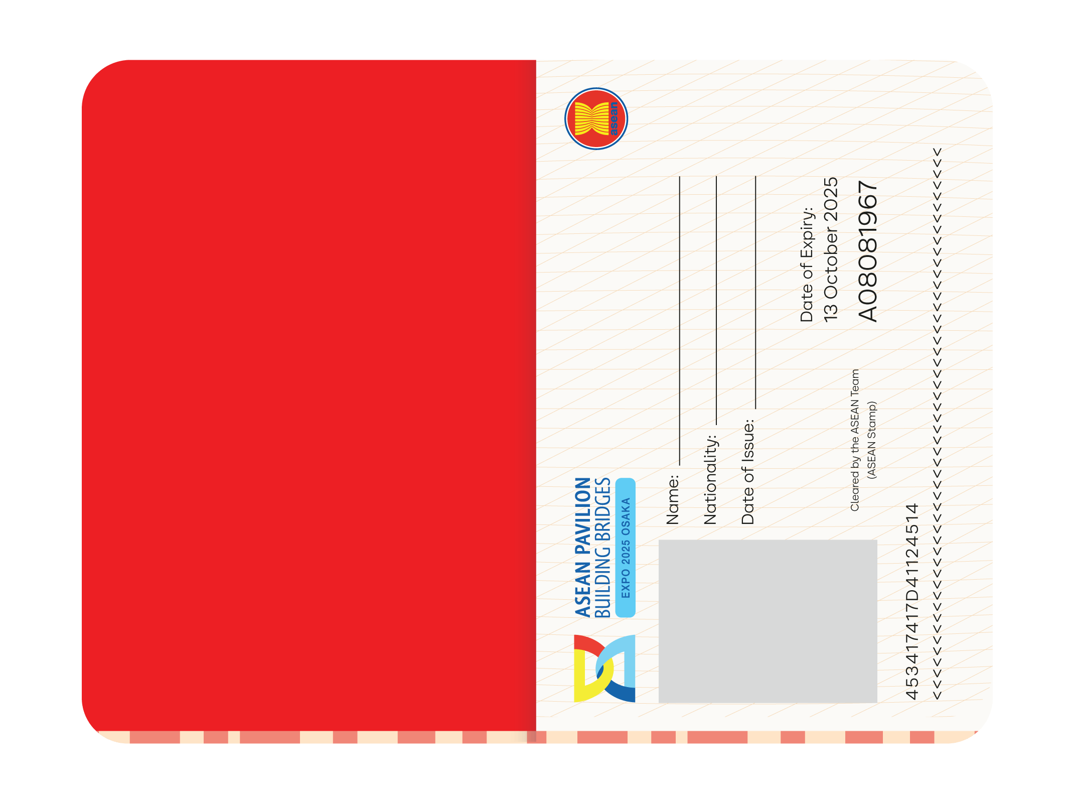 A visa or identification card for the ASEAN Pavilion Building Bridges Expo 2025, issued to Osaka. It includes the ASEAN logo and a barcode, with specific issue and expiry dates, and a space for the holder’s name and nationality.