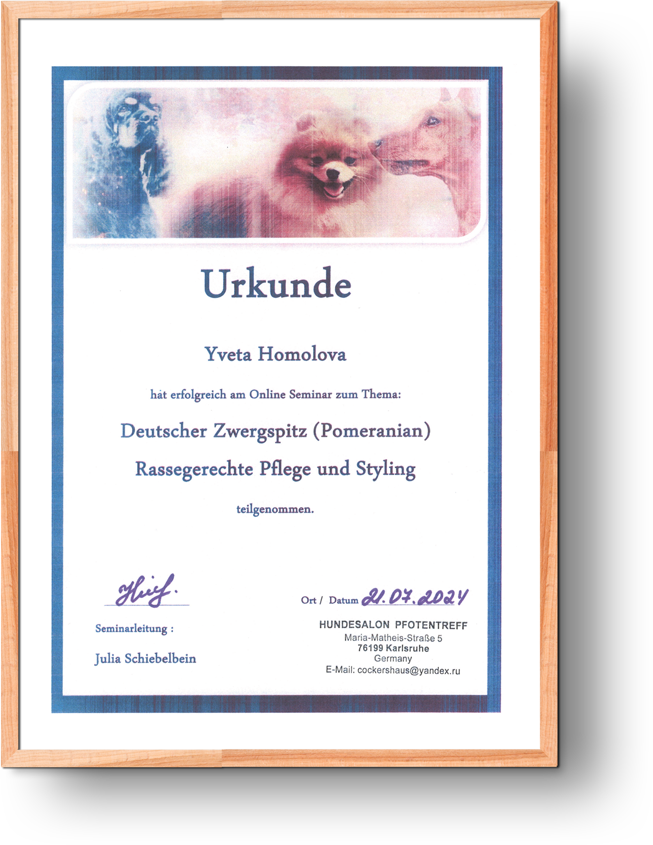 Urkunde: Rassengerechte Pflege und Styling