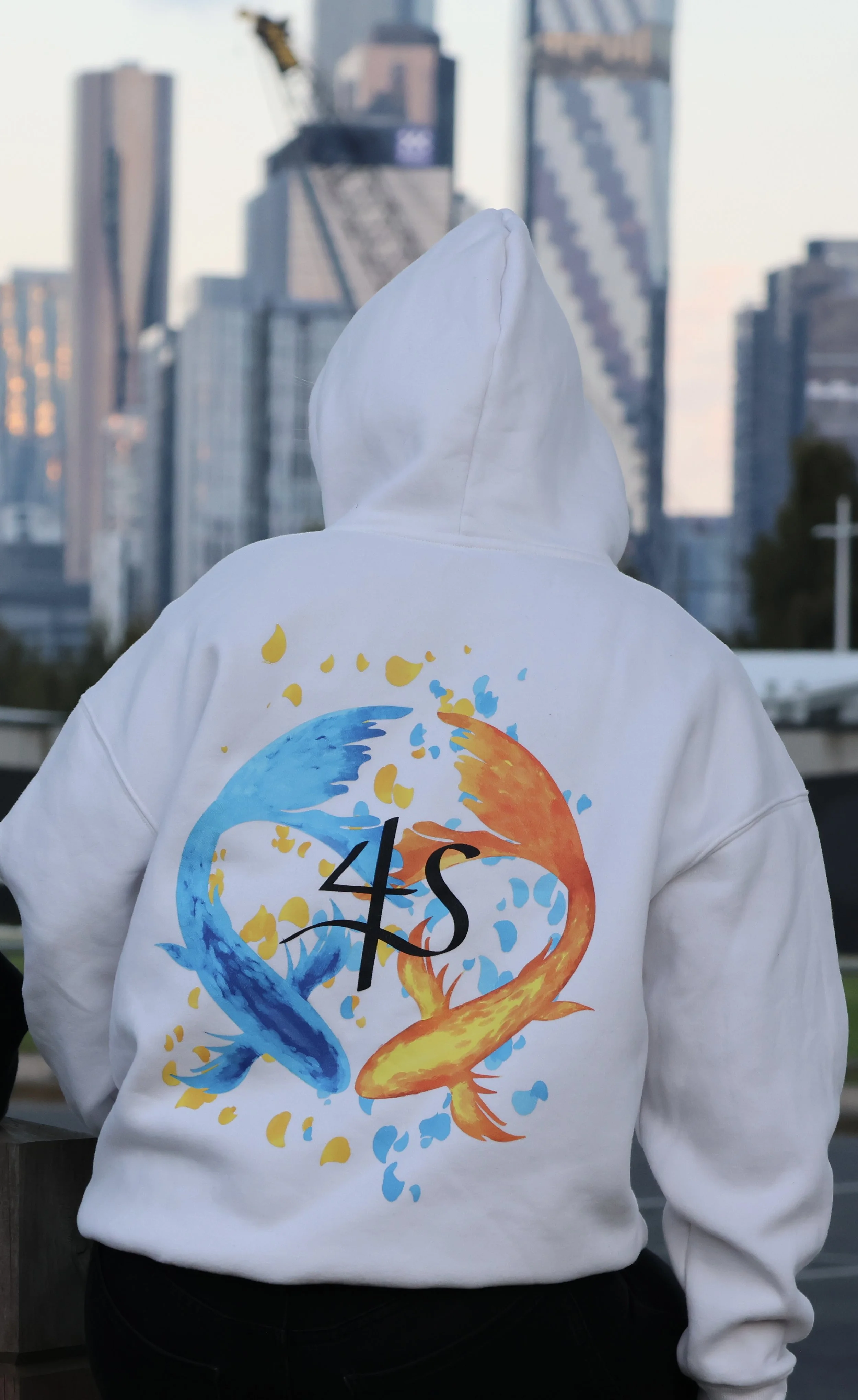 White Hoodie - Blue & Gold Koi Fish