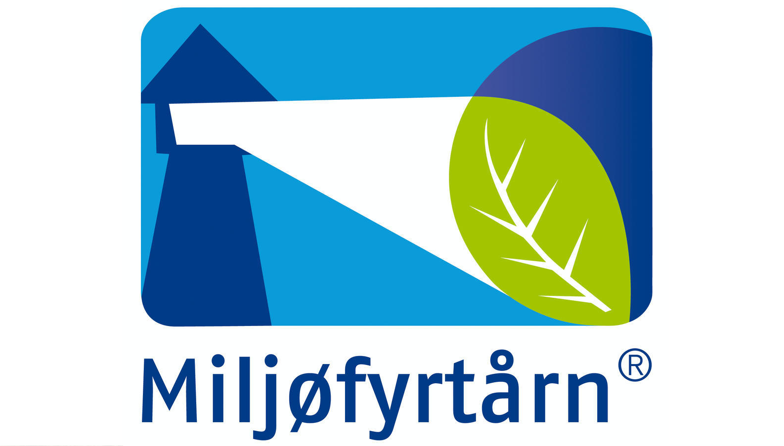 Logo for Miljøfyrtårn, som viser en blå figur med en grønn bladform og teksten 'Miljøfyrtårn' under.