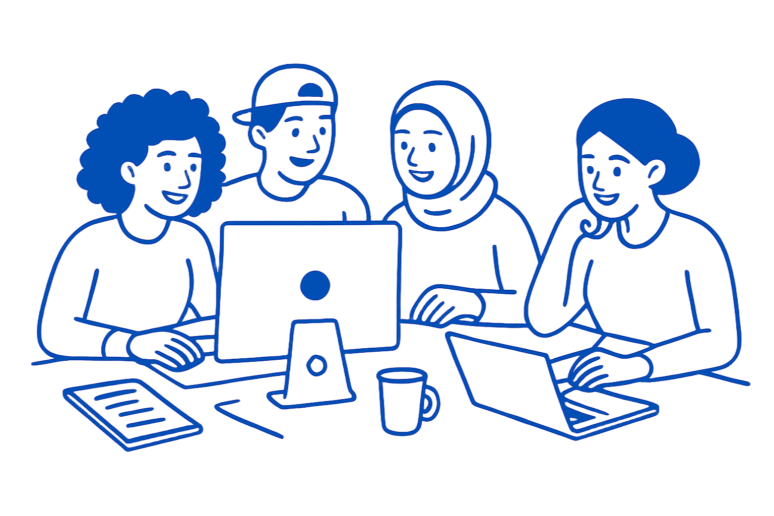 Quatre personnes discutant autour d'une table avec un ordinateur, une tablette, une tasse et un document.