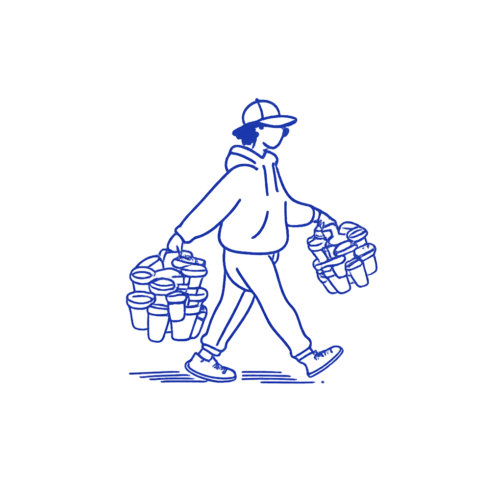 Silhouette d'une personne portant un casque, une veste à capuche, et des baskets, transportant plusieurs caisses de boissons