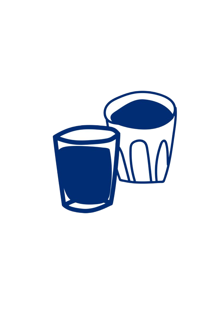 Deux verres bleus, l'un rempli d'une boisson sombre, l'autre avec une boisson sombre également, dessin minimaliste sur fond blanc.