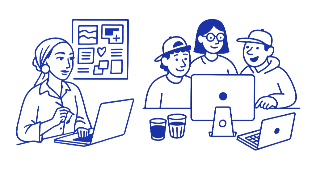 Une illustration d'une réunion en ligne avec une femme en face d'un ordinateur portable dans une pièce et un groupe de quatre personnes discutant devant un écran d'ordinateur dans une salle.
