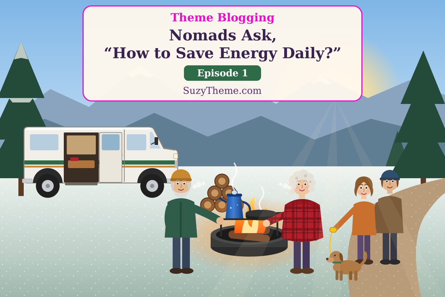 Two nomads warm their hands at a campfire on a frosty mountain morning beside their camper van, as a couple walks up the dirt road with their dog on a yellow leash.
