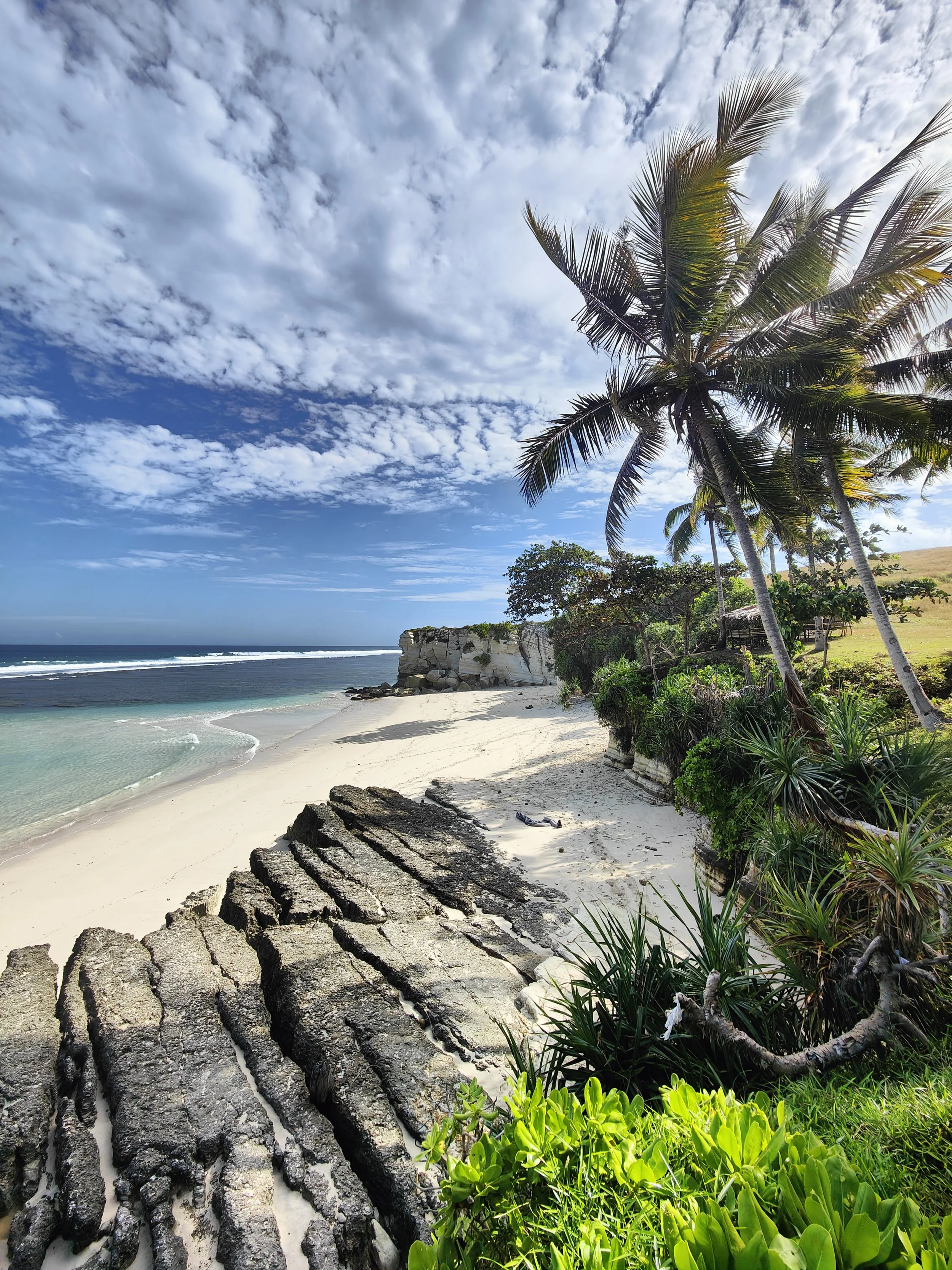 A tropical beach scene with white sand, large rocks, green foliage, and tall palm trees under a partly cloudy sky.