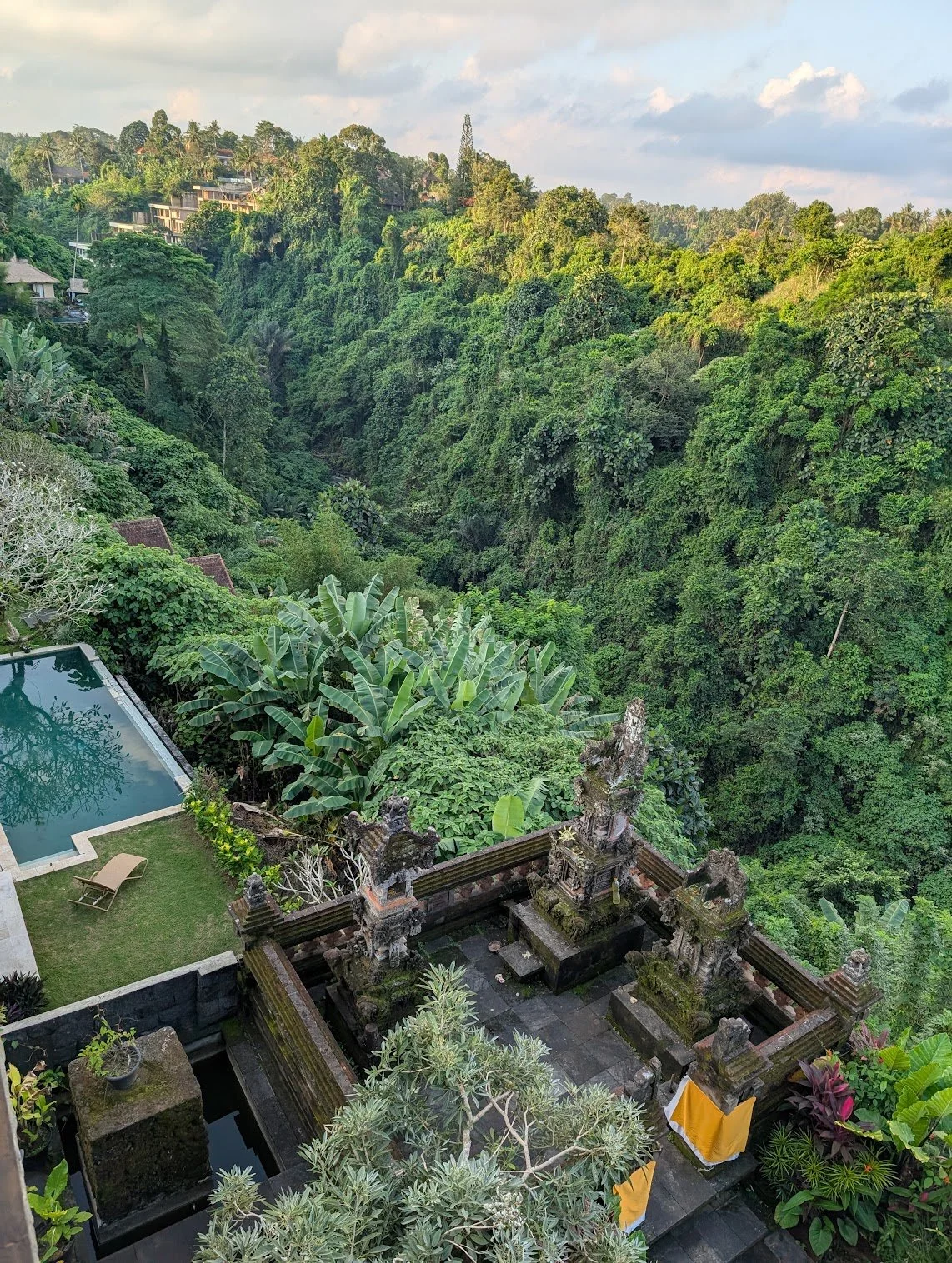A lush green jungle landscape with a view of a cliffside and houses on the hillside in the background, a swimming pool with a lounge chair nearby, and a decorative stone structure in the foreground.