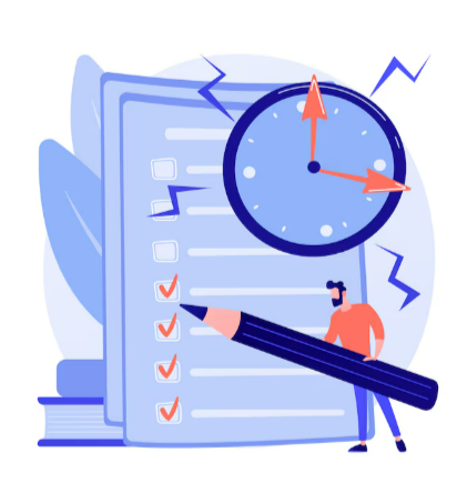 Personnage tenant un gros stylo devant une grande liste de contrôle avec des checks, un grand réveil derrière, et des éclairs bleus évoquant la rapidité ou l'urgence.