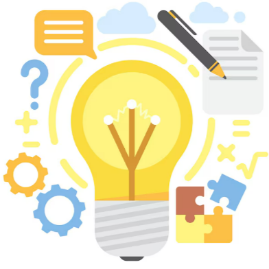 Illustration d'une ampoule éclairée entourée d'icônes telles que des pièces de puzzle, des engrenages, un crayon, un document, des bulles de dialogue, et des symboles mathématiques, représentant la créativité et l'innovation.