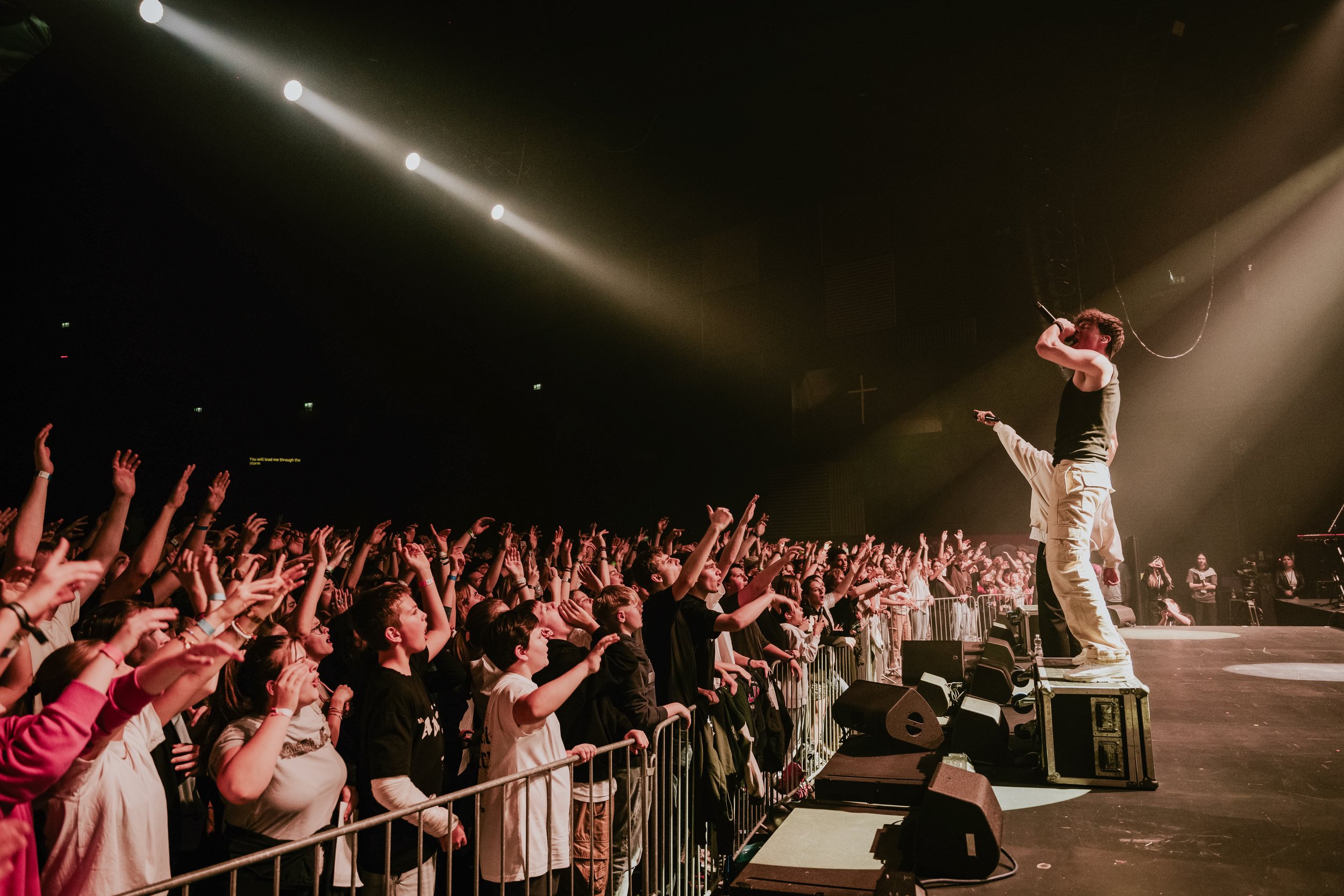 Ein Musiker auf der Bühne bei einem Konzert, singt in ein Mikrofon, während das Publikum begeistert in die Luft greift.