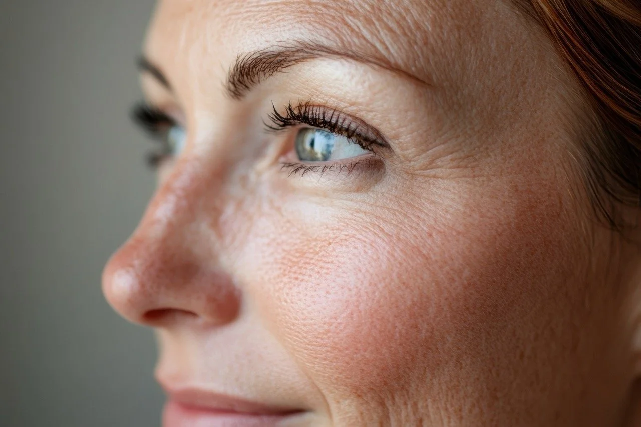 Close-up of a woman’s face showing her eye, eyebrow, and cheek with natural skin texture and makeup, looking to the left.