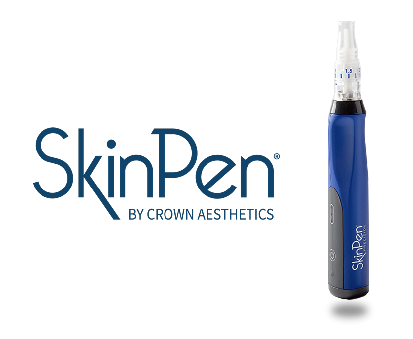 Logo of SkinPen by Crown Aesthetics next to a blue SkinPen device.