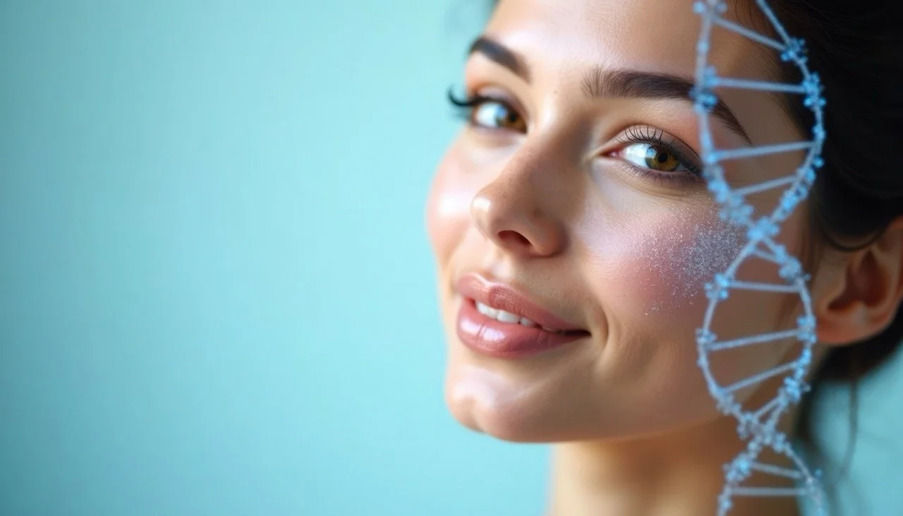 A woman smiling with a digital DNA strand overlay on her face, against a light blue background.