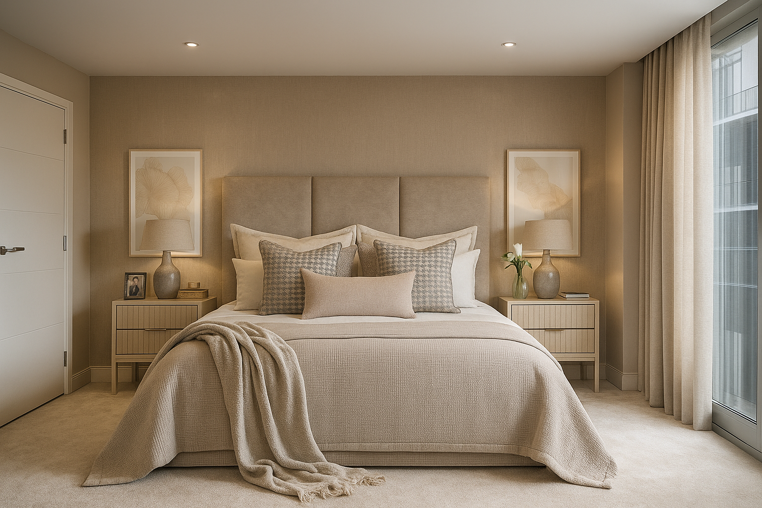 A neatly made king-sized bed with beige bedding, multiple pillows, and a throw blanket in a modern, cozy bedroom. Two nightstands with table lamps, framed artwork, and decorative items are on either side of the bed. Large window with sheer curtains is on the right side.