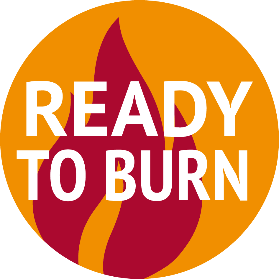 Orange circular warning sign with a red flame illustration in the background and the white text "READY TO BURN" over it.