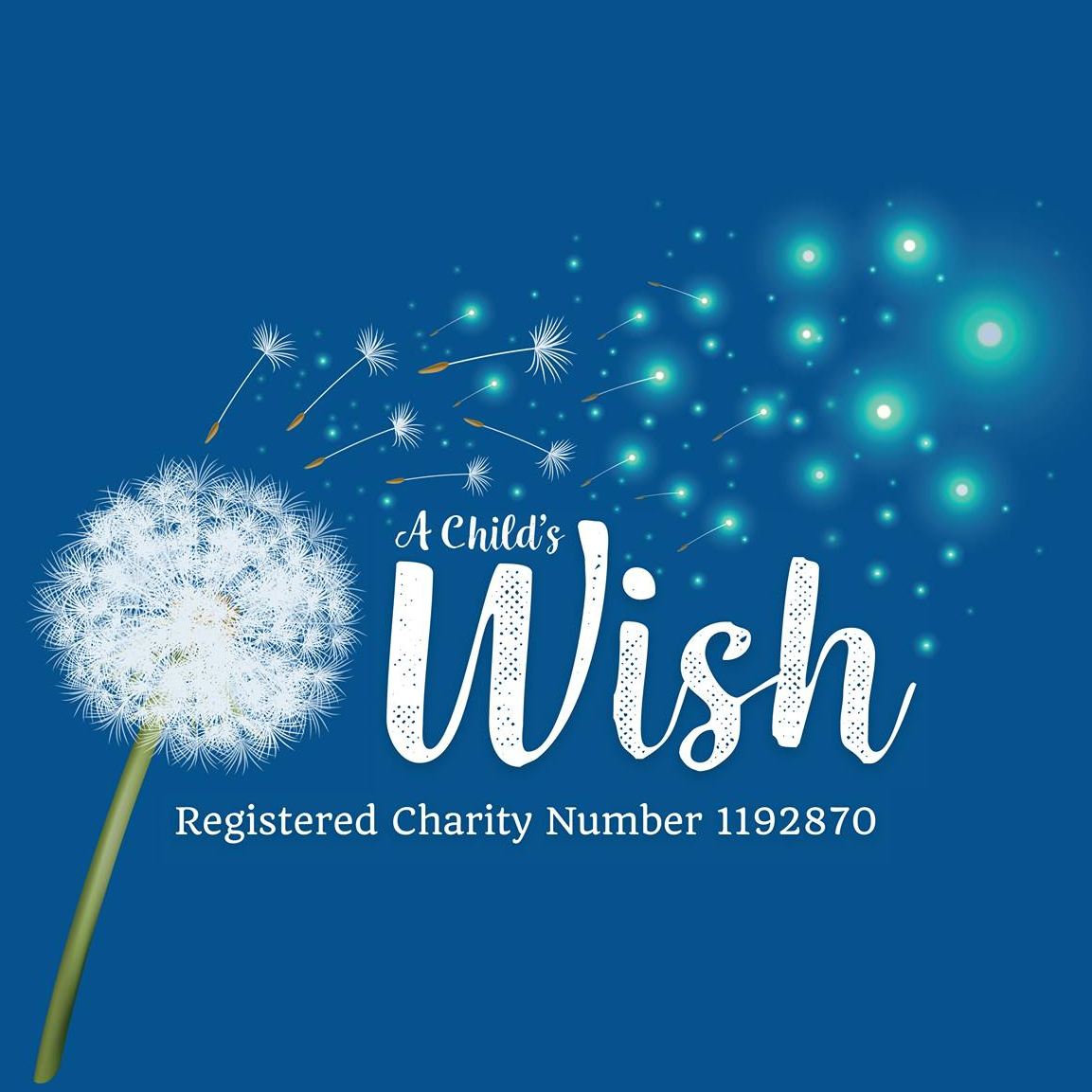 A blue background with a white dandelion flower and seeds, glowing firework-like lights, and text that reads 'A Child's Wish' and 'Registered Charity Number 1192870.'