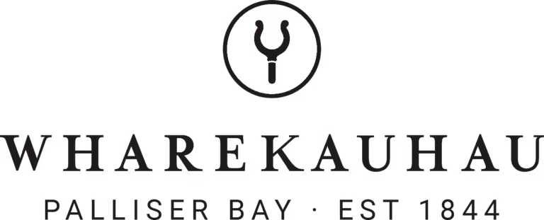 Black logo with Wharekauhau Country Estate symbol and text displaying name and details