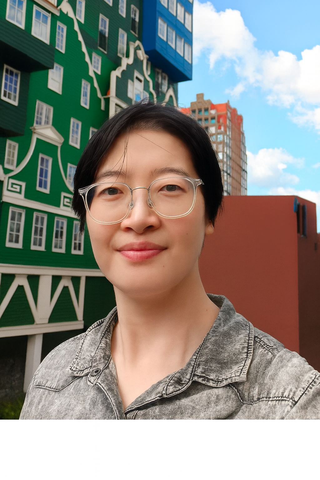 A person wearing glasses and a denim shirt taking a selfie outdoors with colorful buildings and a blue sky with clouds in the background.