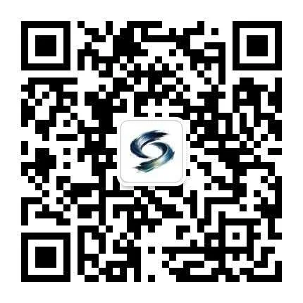 A QR code with a logo in the center that appears to be a stylized blue and black swirl.