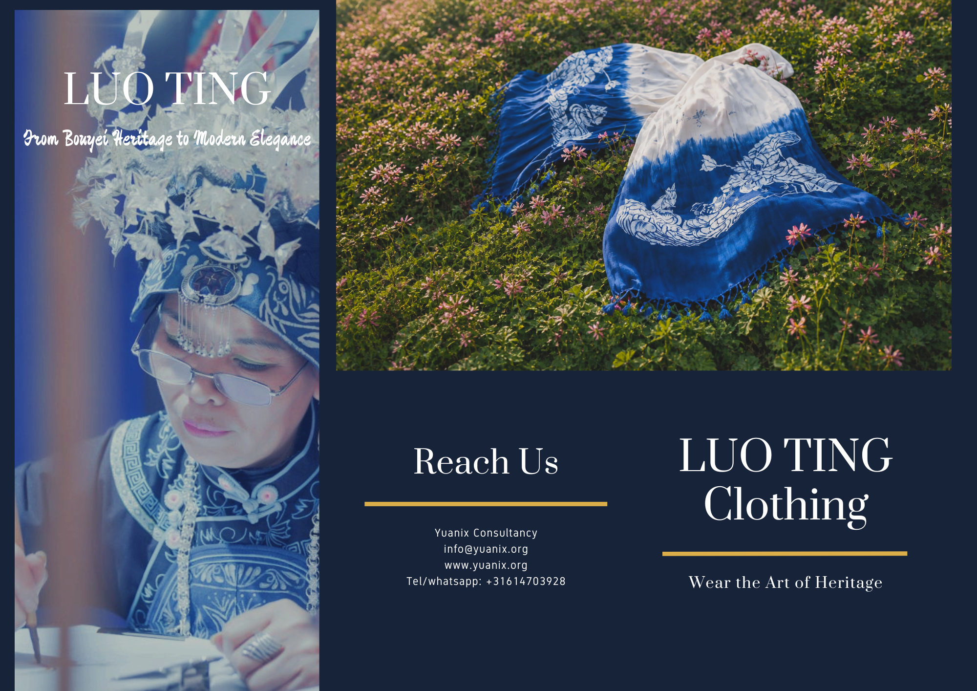 A flyer or poster for LUOTING clothing, showcasing traditional blue and white textile designs and a person wearing traditional attire, with a background of flowering plants.