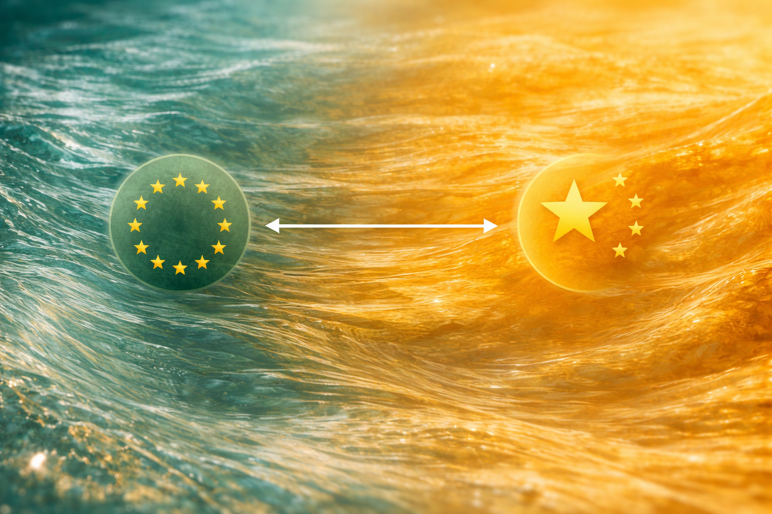 An artistic representation of the European Union and AstraZeneca logos connected by a double-headed arrow over a background of swirling blue and orange water.