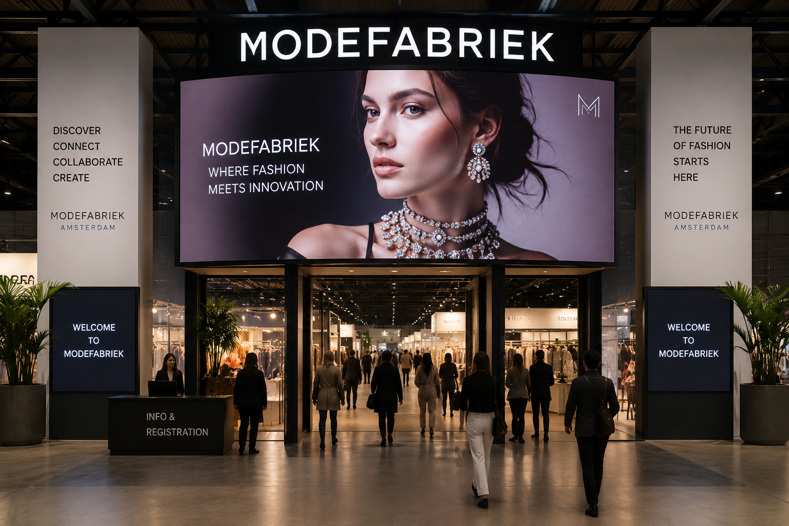 Interior entrance of Modefabriek fashion trade show with large digital display, welcoming attendees with signage, and store booths visible inside.
