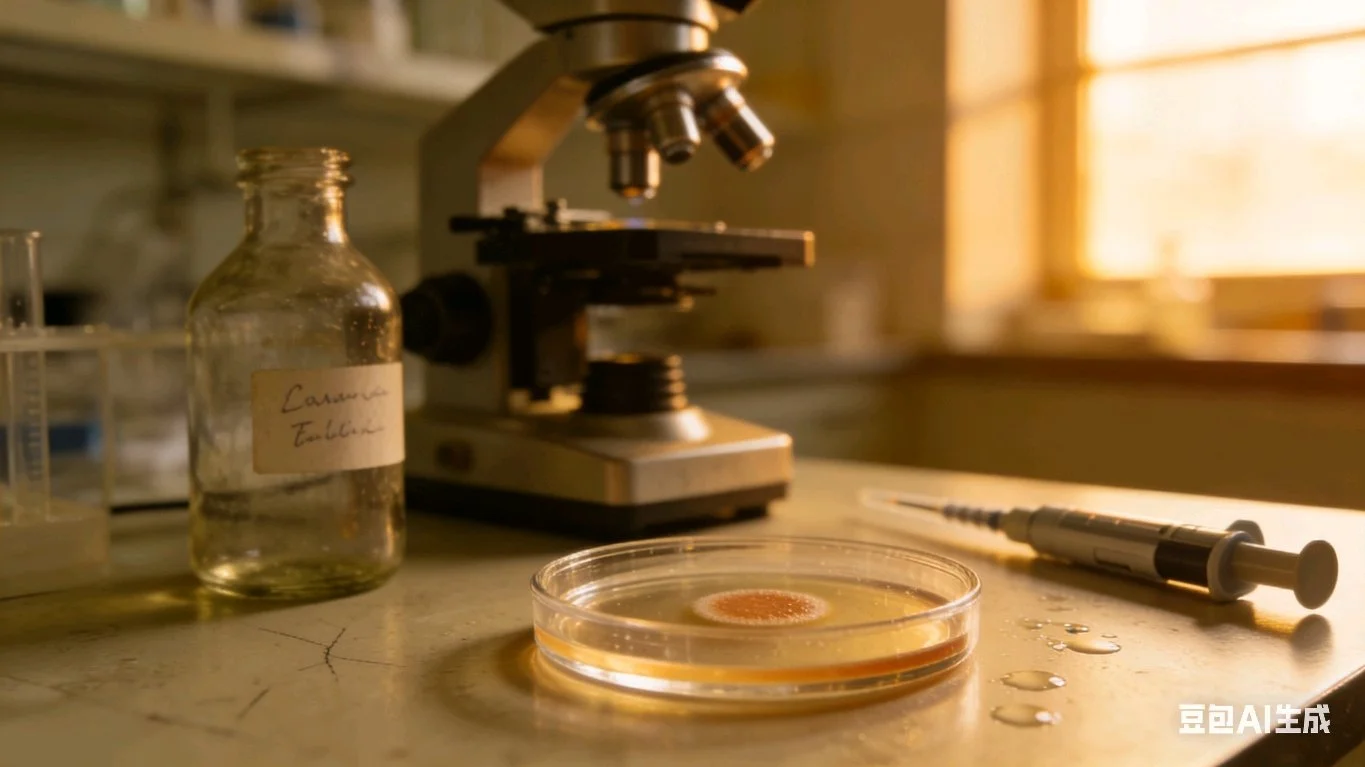 A laboratory experiment setup with a microscope, a glass bottle labeled 'Camera Filler', a petri dish with a sample, and a pipette on a workbench, illuminated by warm sunlight.