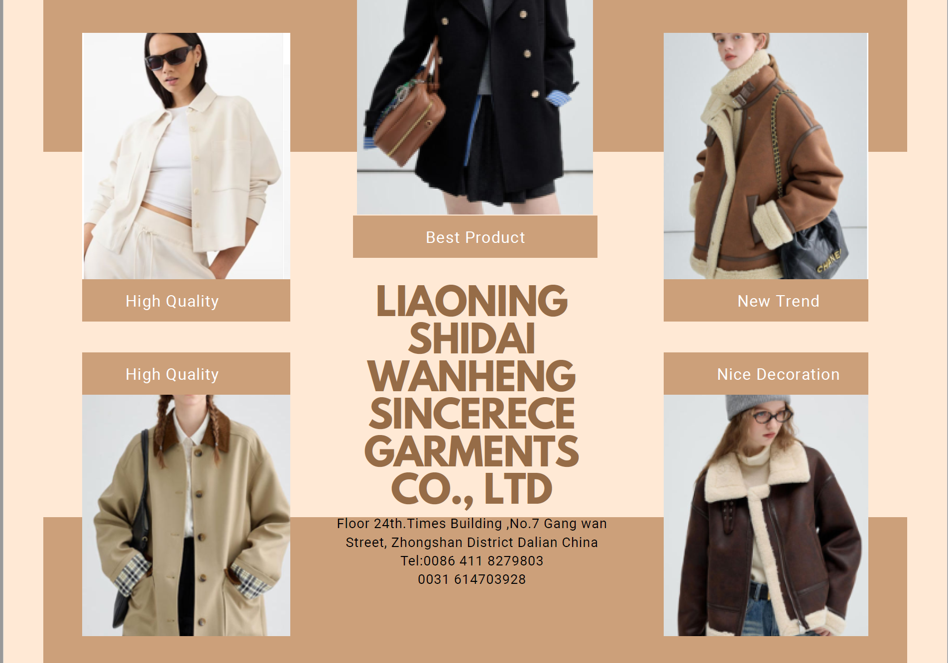 A promotional image for a clothing company featuring models in various winter and fall outfits. The background is a mix of beige and light peach. The text highlights the company's name and contact information alongside labels like 'High Quality', 'Best Product', 'New Trend', and 'Nice Decoration.'