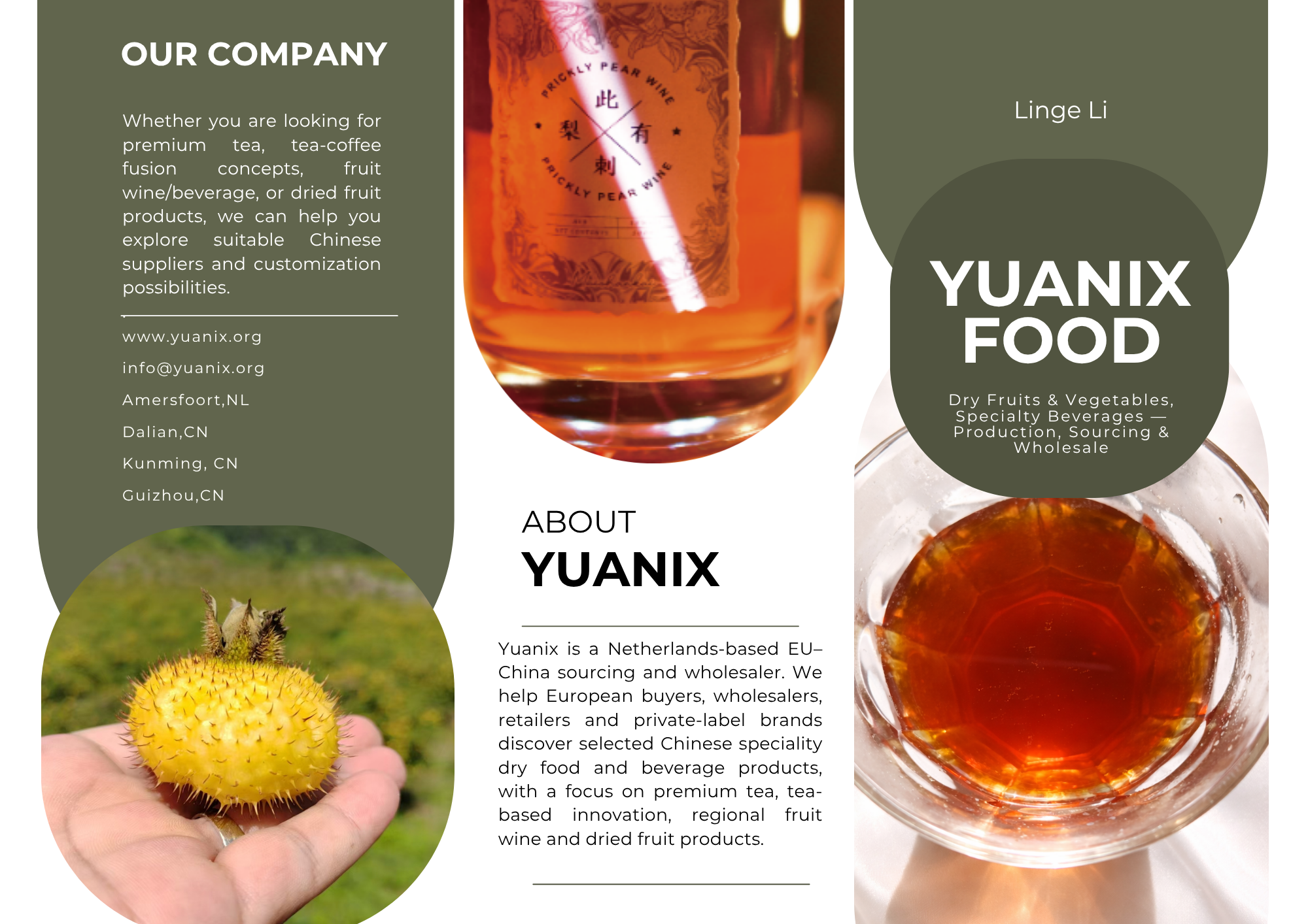 A website for Yuanix Food, displaying an image of a glass of amber-colored beverage, with a label from the Prickly Pear Wine. The website has sections about the company, its products, and contact information.