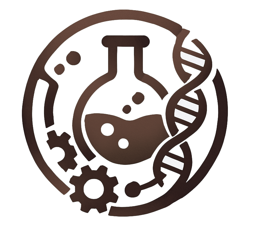 A scientific icon featuring a beaker with liquid, a DNA helix, and gears, representing science, genetics, and engineering.