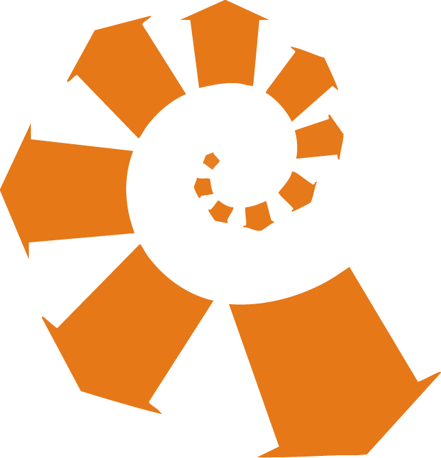 Oranžové šípky v špirálovom vzore smerujúce von zo stredu.