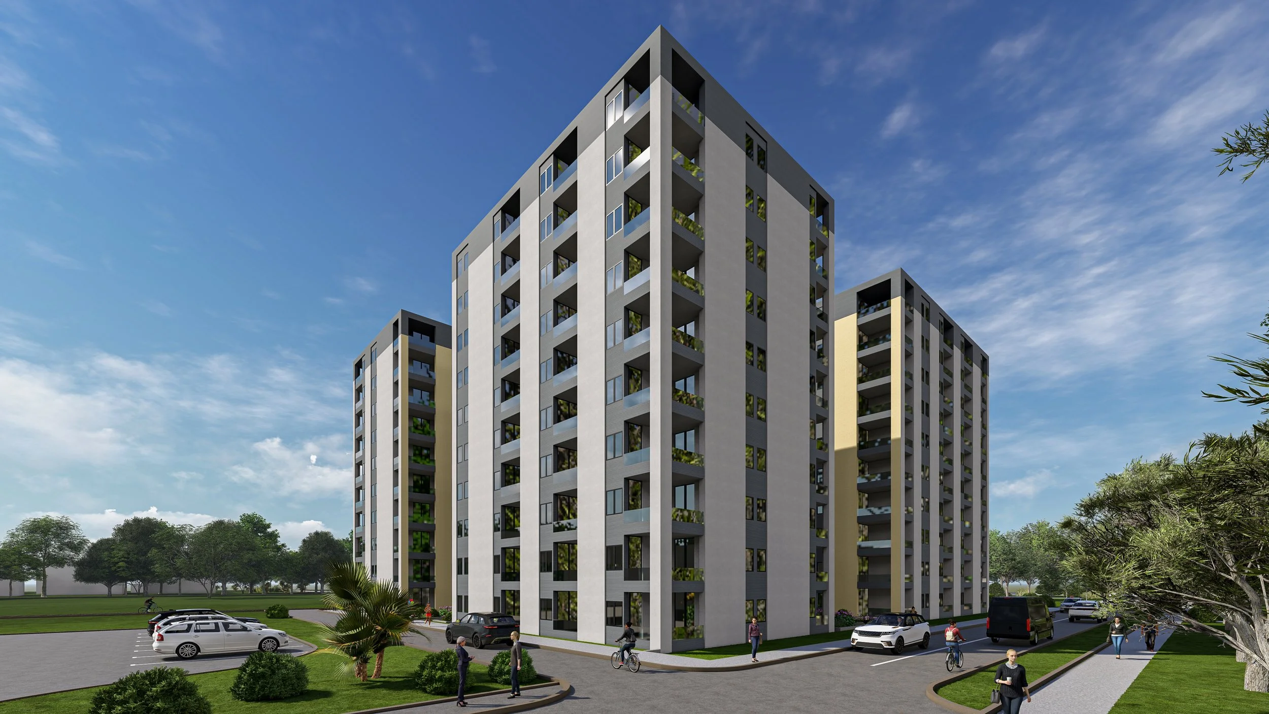 Moderný komplex bytov s viacerými výškovými budovami, parkoviskom, zelenými plochami a ľuďmi, ktorí sa za slnečného dňa prechádzajú a jazdia na bicykli.