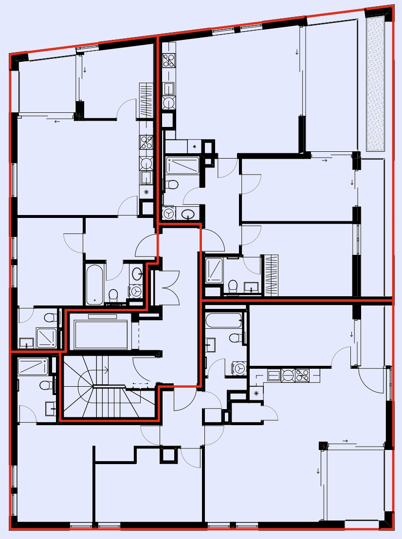 Pôdorys obytnej budovy zobrazujúci viacero izieb, kúpeľní, kuchýň a schodísk, s červeným obrysom označujúcim obvod.