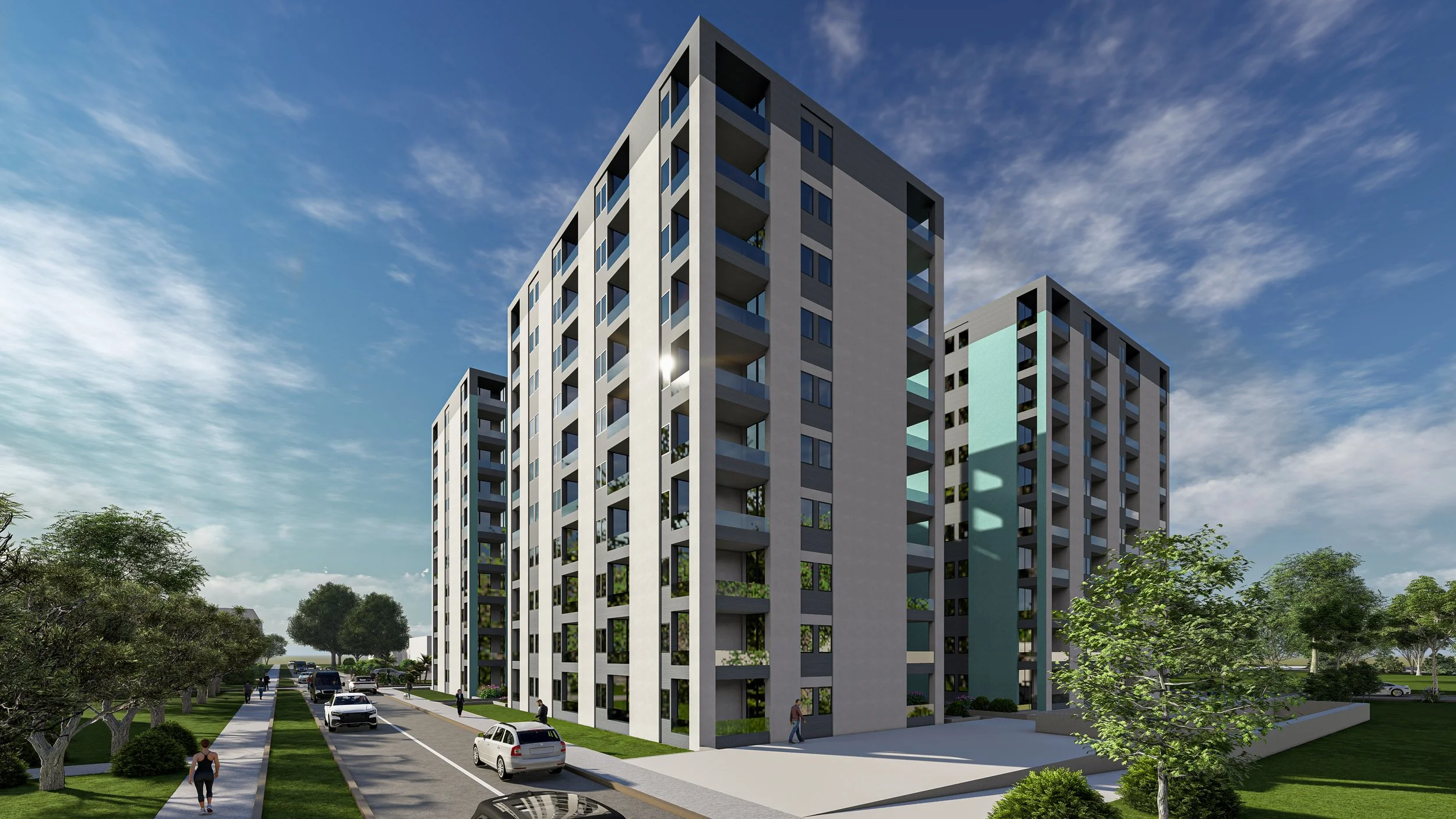 Moderná viacpodlažná obytná budova s balkónmi, obklopená zelenými stromami, autami zaparkovanými na ulici a ľuďmi kráčajúcimi po chodníku pod čiastočne zamračenou oblohou.