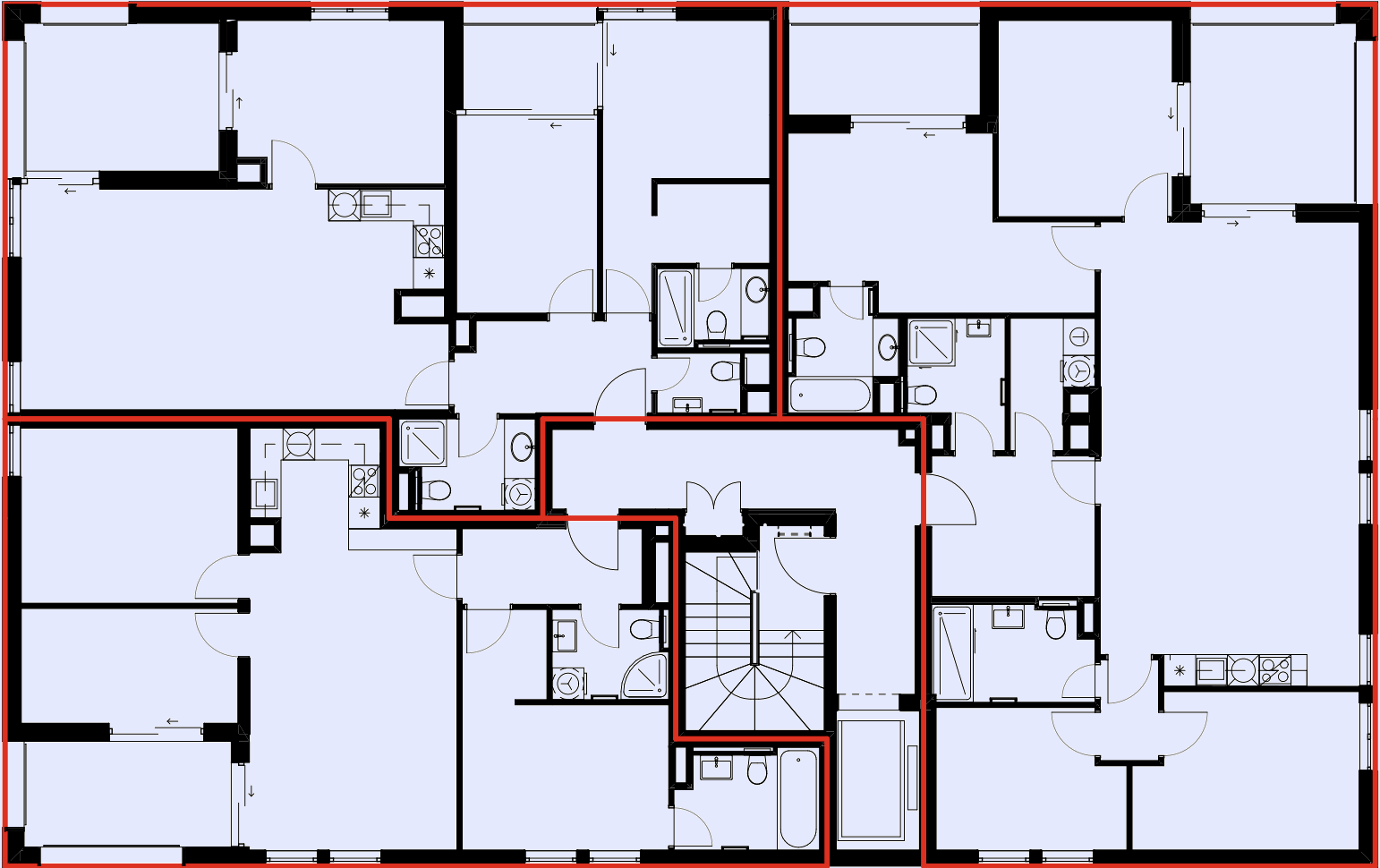 Floor plan of an apartment complex showing multiple units with individual kitchens, bathrooms, bedrooms, and living areas, outlined with a red border.