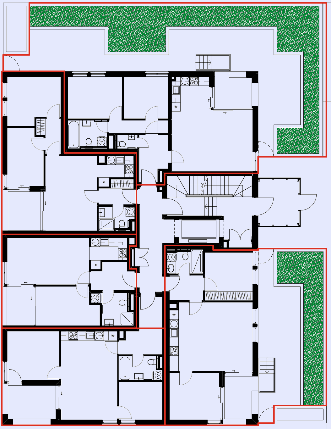 Pôdorys obytnej budovy s viacerými izbami, kúpeľňami, kuchyňami a zelenými vonkajšími priestormi.