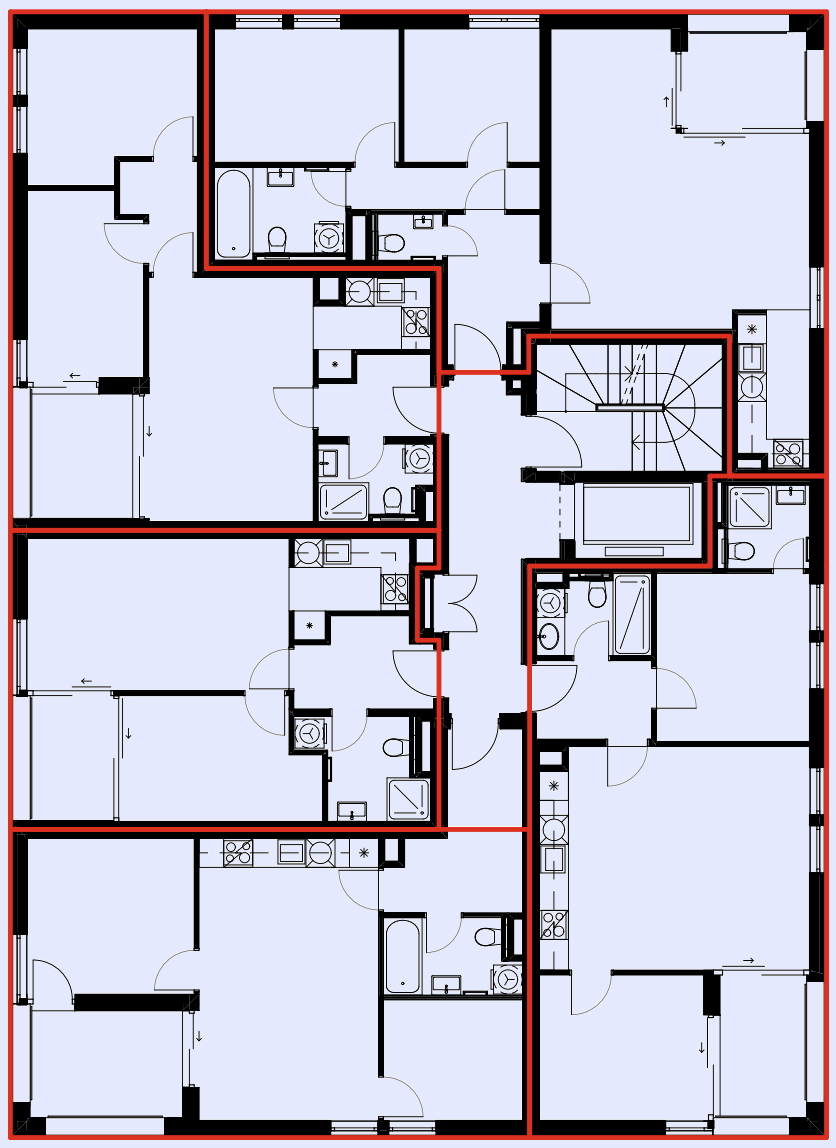 Pôdorys viacpodlažnej obytnej budovy, na ktorom sú znázornené viaceré byty so spálňami, kúpeľňami, kuchynami a obývacími priestormi, ohraničené stenami a dverami.