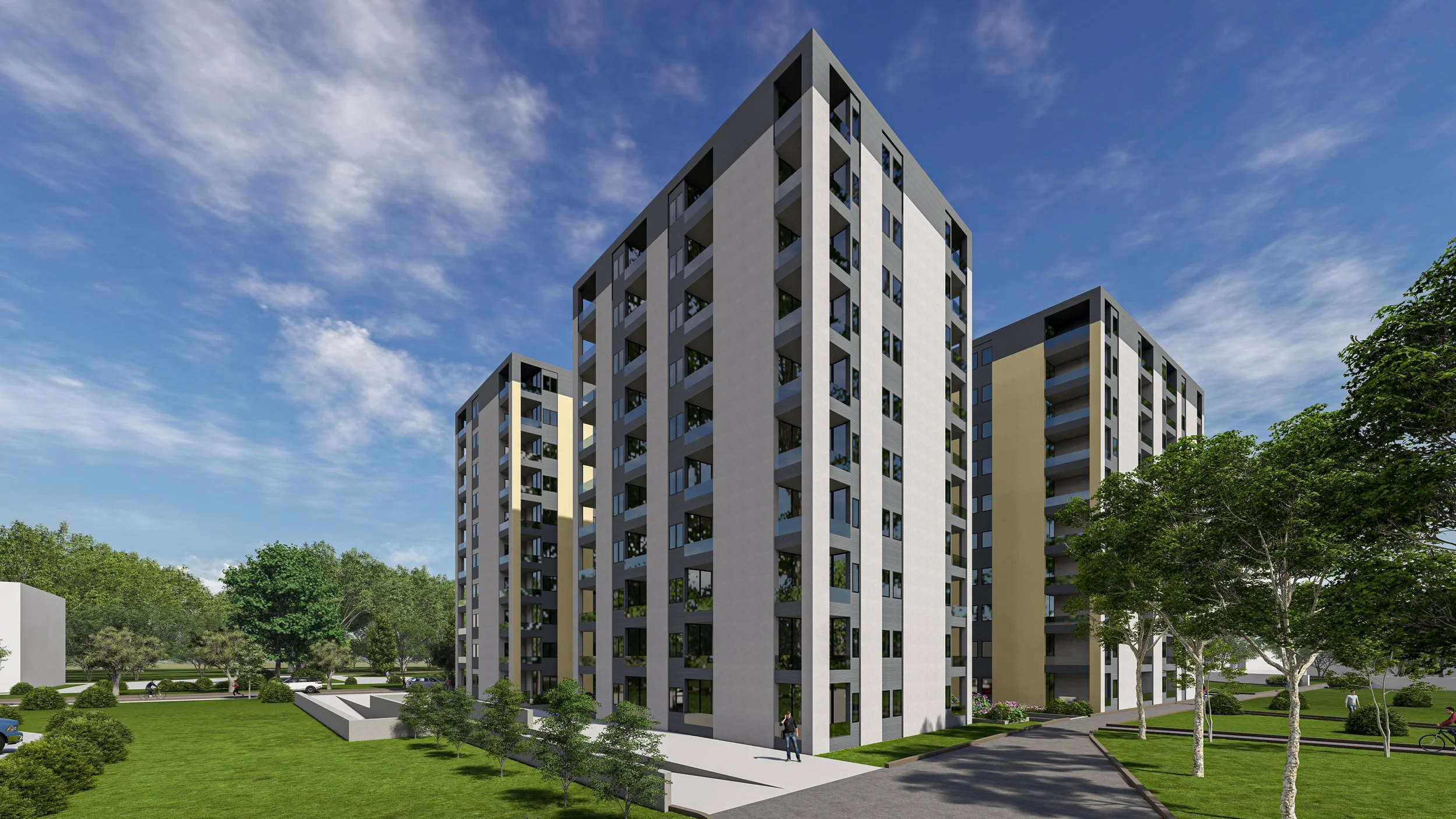 Moderné viacpodlažné bytové domy obklopené zelenými stromami a trávou, s chodníkom a ľuďmi, ktorí sa prechádzajú alebo jazdia na bicykli, pod modrou oblohou s niekoľkými mrakmi.